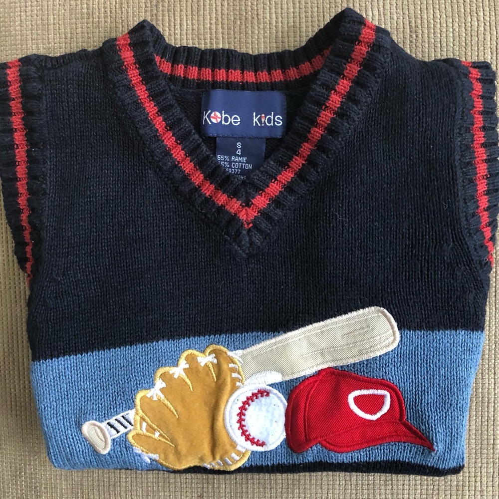 Kobe Kids Sweater Vest-kid’s Sz 4-navy w/a cute baseball theme. Cotton/ramie